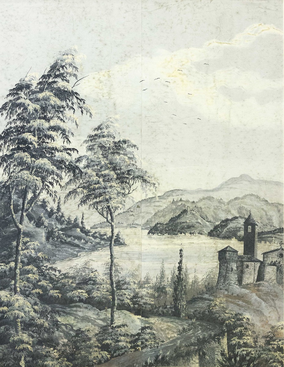 Antica veduta paesaggistica, tempera su carta, Inizio XIX secolo-photo-4