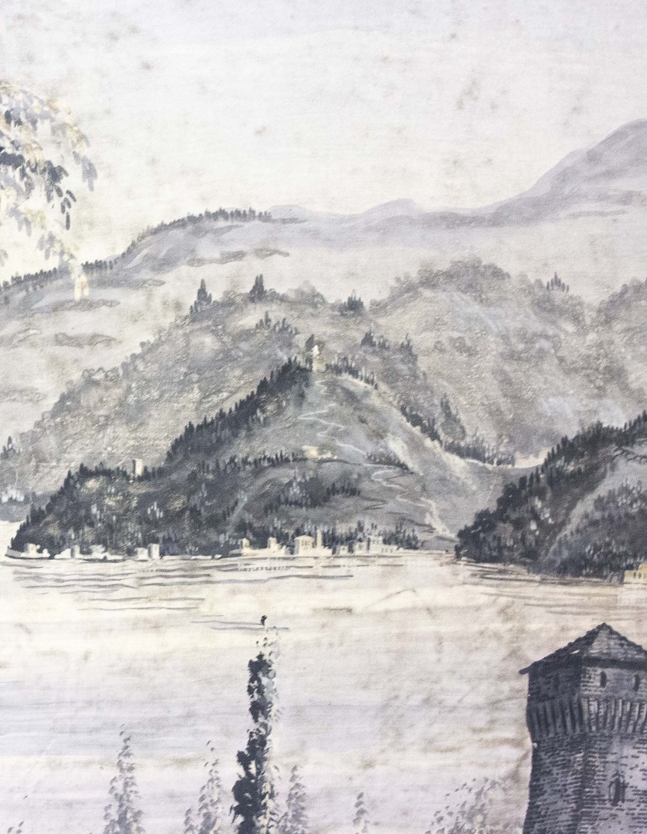 Antica veduta paesaggistica, tempera su carta, Inizio XIX secolo-photo-3