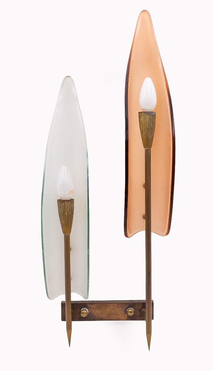 Coppia di Lampade da parete - Cristal Art, vetro e ottone, 1960-photo-4