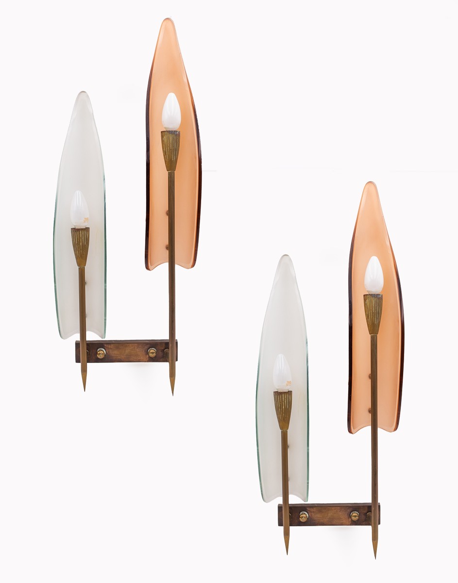Coppia di Lampade da parete - Cristal Art, vetro e ottone, 1960