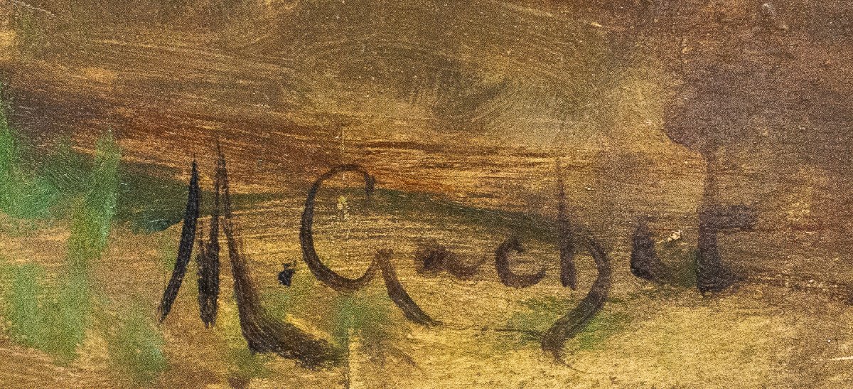 Mario Gachet, "Lavandaie", olio su tavola, firmato, Epoca XX Sec.-photo-2