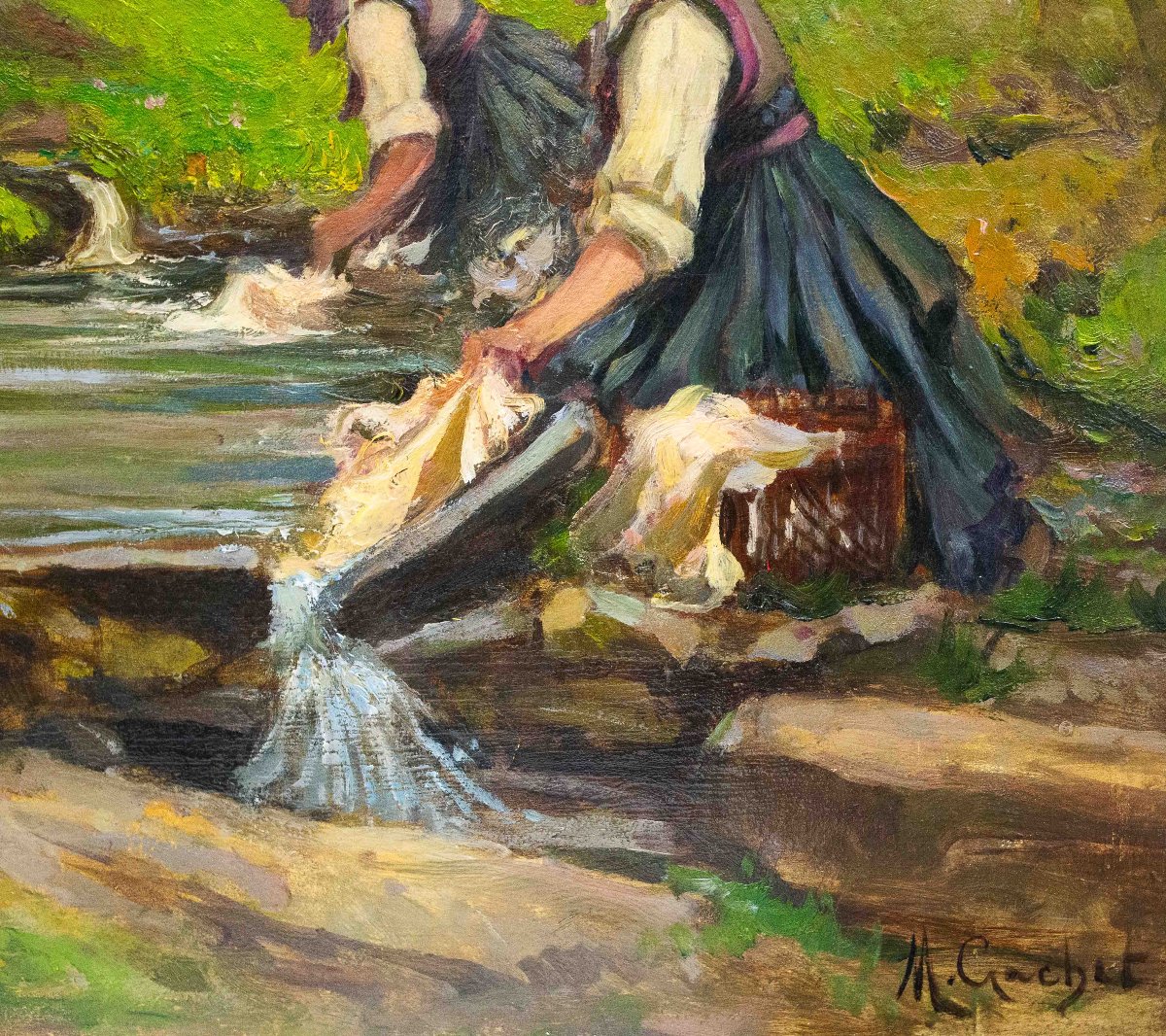 Mario Gachet, "Lavandaie", olio su tavola, firmato, Epoca XX Sec.-photo-3