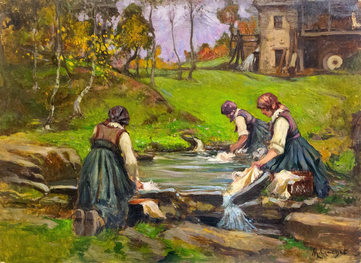 Mario Gachet, "Lavandaie", olio su tavola, firmato, Epoca XX Sec.-photo-1