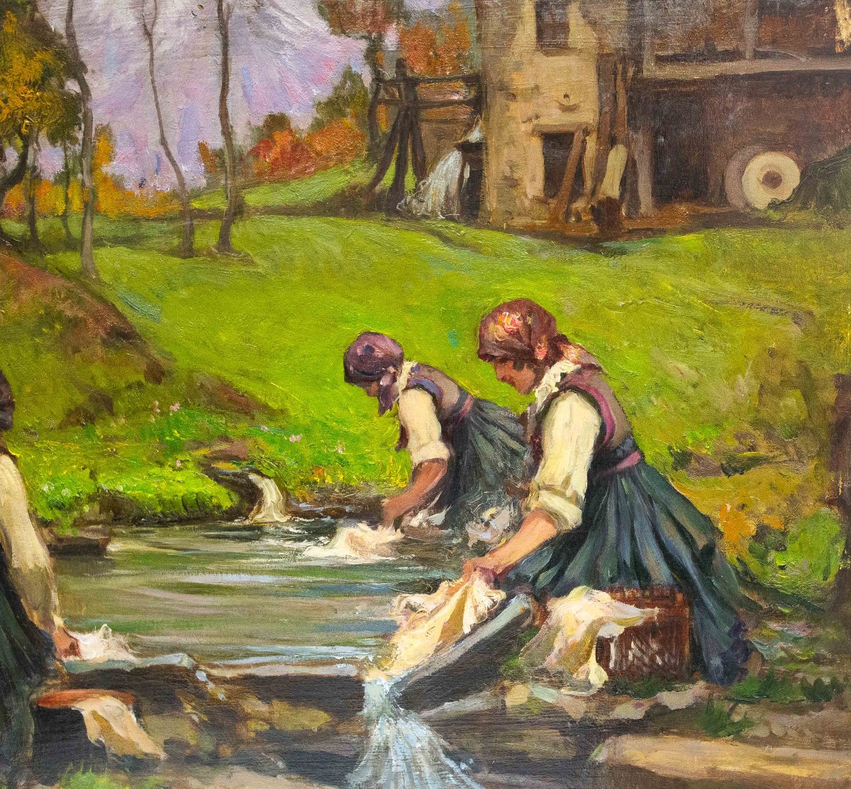 Mario Gachet, "Lavandaie", olio su tavola, firmato, Epoca XX Sec.-photo-2