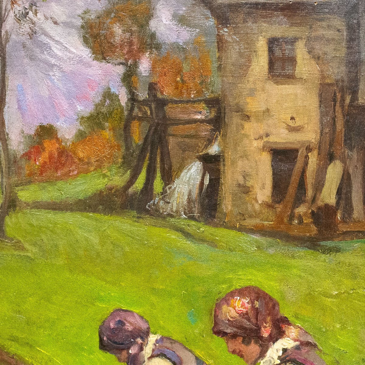Mario Gachet, "Lavandaie", olio su tavola, firmato, Epoca XX Sec.-photo-3