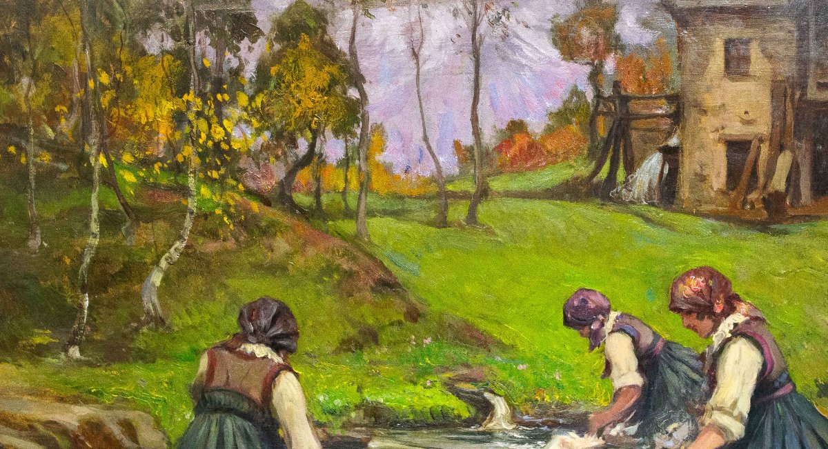 Mario Gachet, "Lavandaie", olio su tavola, firmato, Epoca XX Sec.-photo-4