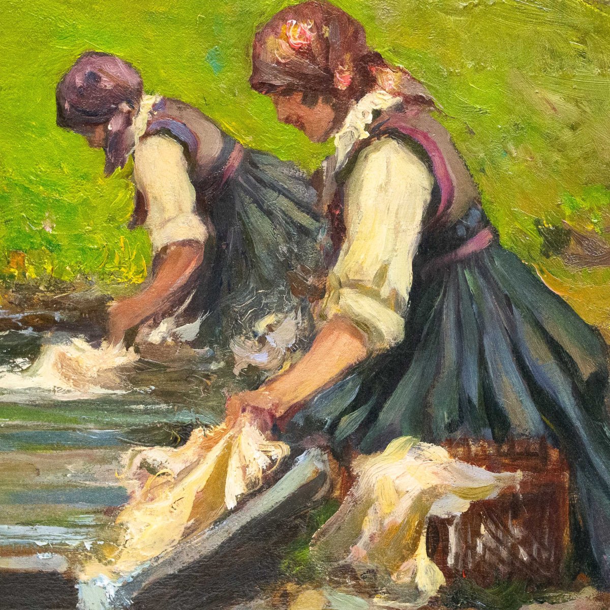 Mario Gachet, "Lavandaie", olio su tavola, firmato, Epoca XX Sec.-photo-6