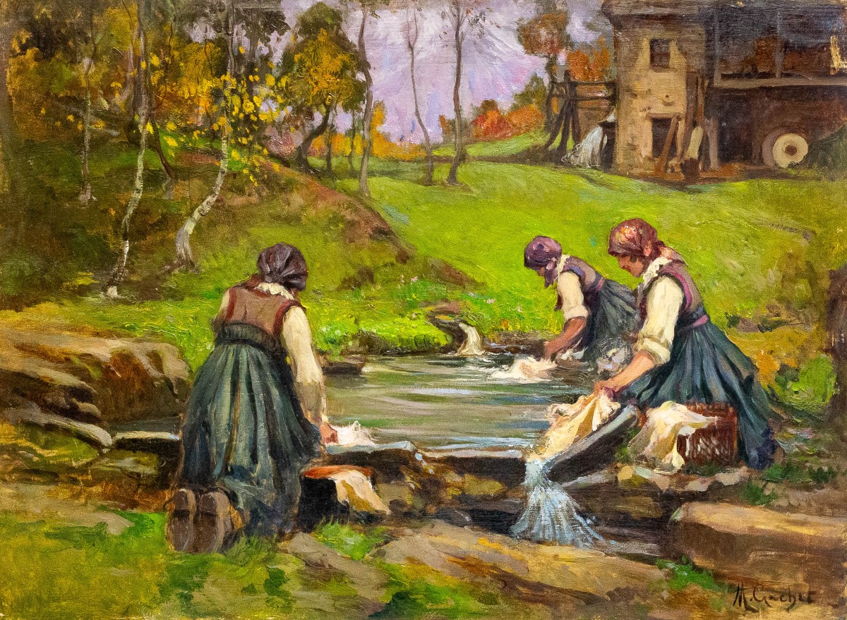 Mario Gachet, "Lavandaie", olio su tavola, firmato, Epoca XX Sec.