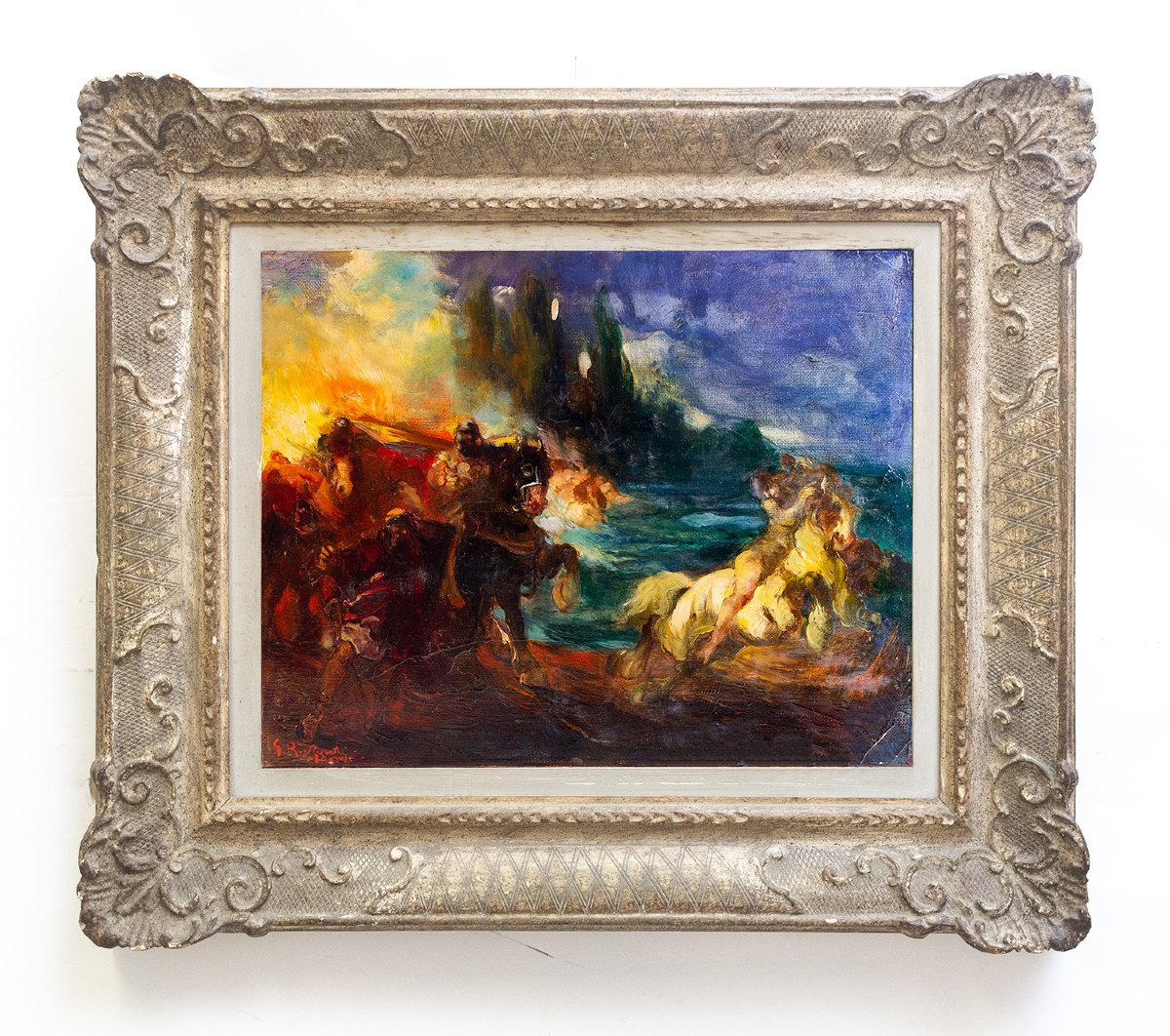 Giuseppe Rivaroli, "Scena Mitologica", olio su tela, firmato, Epoca '900-photo-4