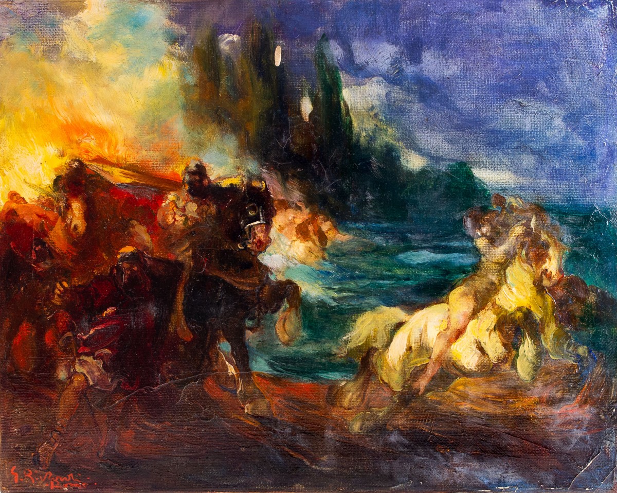 Giuseppe Rivaroli, "Scena Mitologica", olio su tela, firmato, Epoca '900