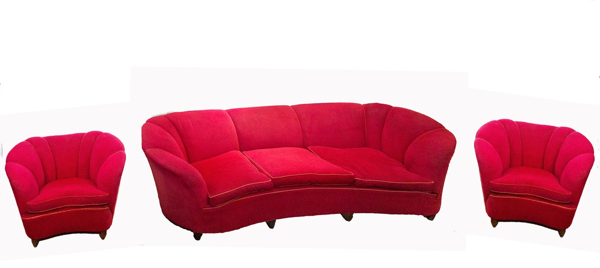 Salotto in velluto rosso, stile Gio' Ponti, Anni '50