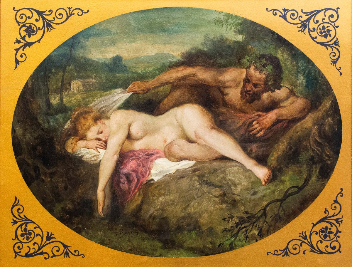 Francesco Bosso, "Giove e Antiope", olio su carta rigida, firmato, 1925