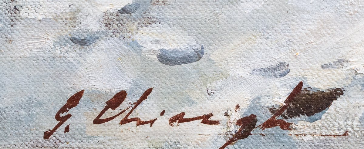Giuseppe Chiacigh, "Paesaggio russo con figure e cavalli", olio su tela, firmato, metà XX -photo-3