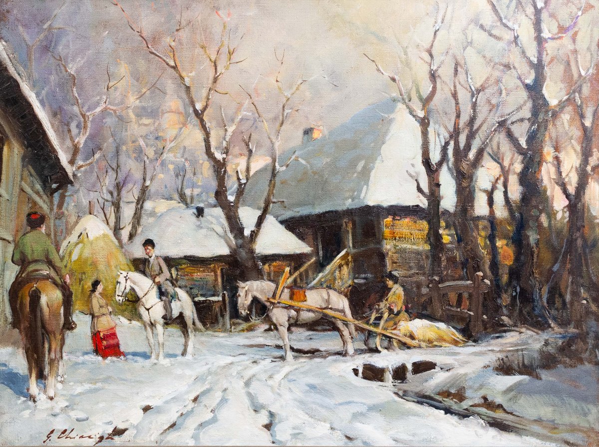 Giuseppe Chiacigh, "Paesaggio russo con figure e cavalli", olio su tela, firmato, metà XX -photo-2