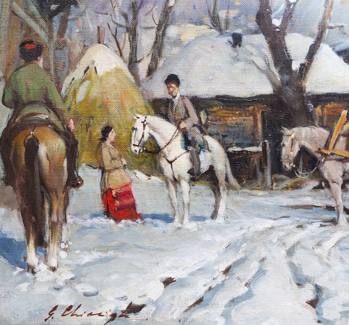 Giuseppe Chiacigh, "Paesaggio russo con figure e cavalli", olio su tela, firmato, metà XX -photo-5