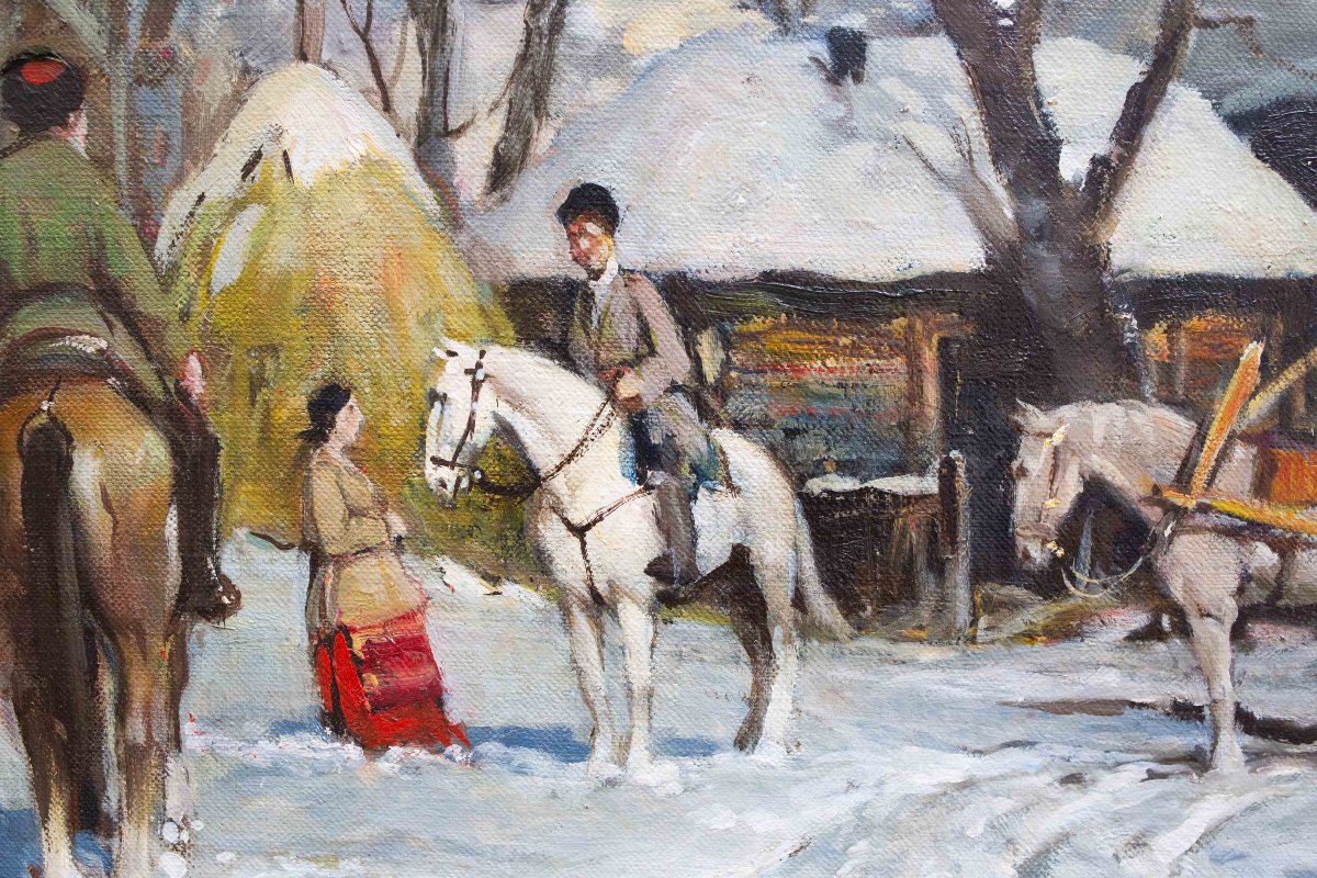 Giuseppe Chiacigh, "Paesaggio russo con figure e cavalli", olio su tela, firmato, metà XX -photo-6