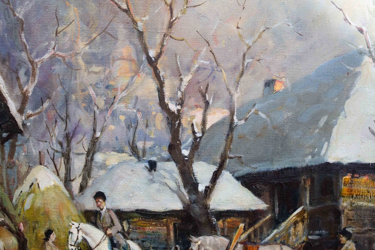 Giuseppe Chiacigh, "Paesaggio russo con figure e cavalli", olio su tela, firmato, metà XX -photo-7