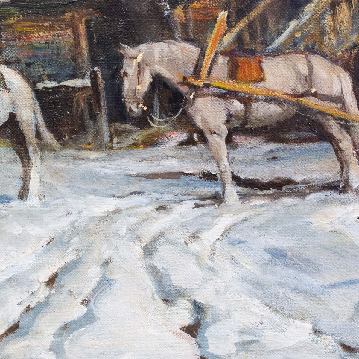 Giuseppe Chiacigh, "Paesaggio russo con figure e cavalli", olio su tela, firmato, metà XX -photo-8