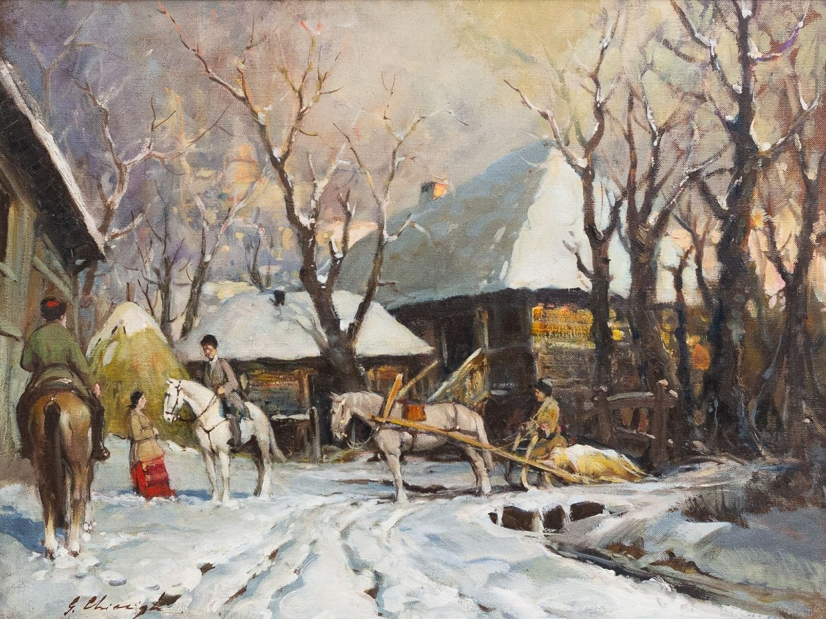 Giuseppe Chiacigh, "Paesaggio russo con figure e cavalli", olio su tela, firmato, metà XX 