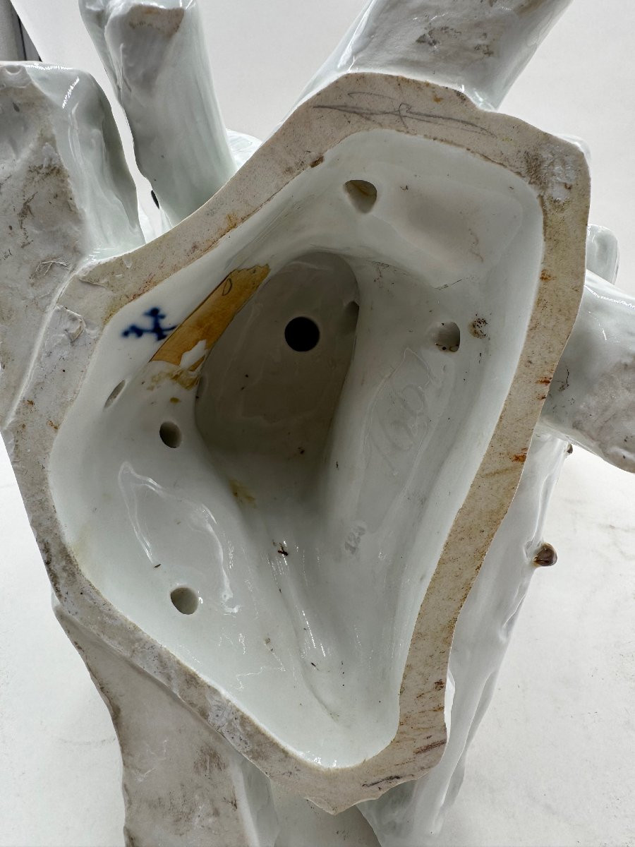 Scultura in ceramica Meissen, "Gallo su catasta di legna", Fine '800 Primi '900-photo-3