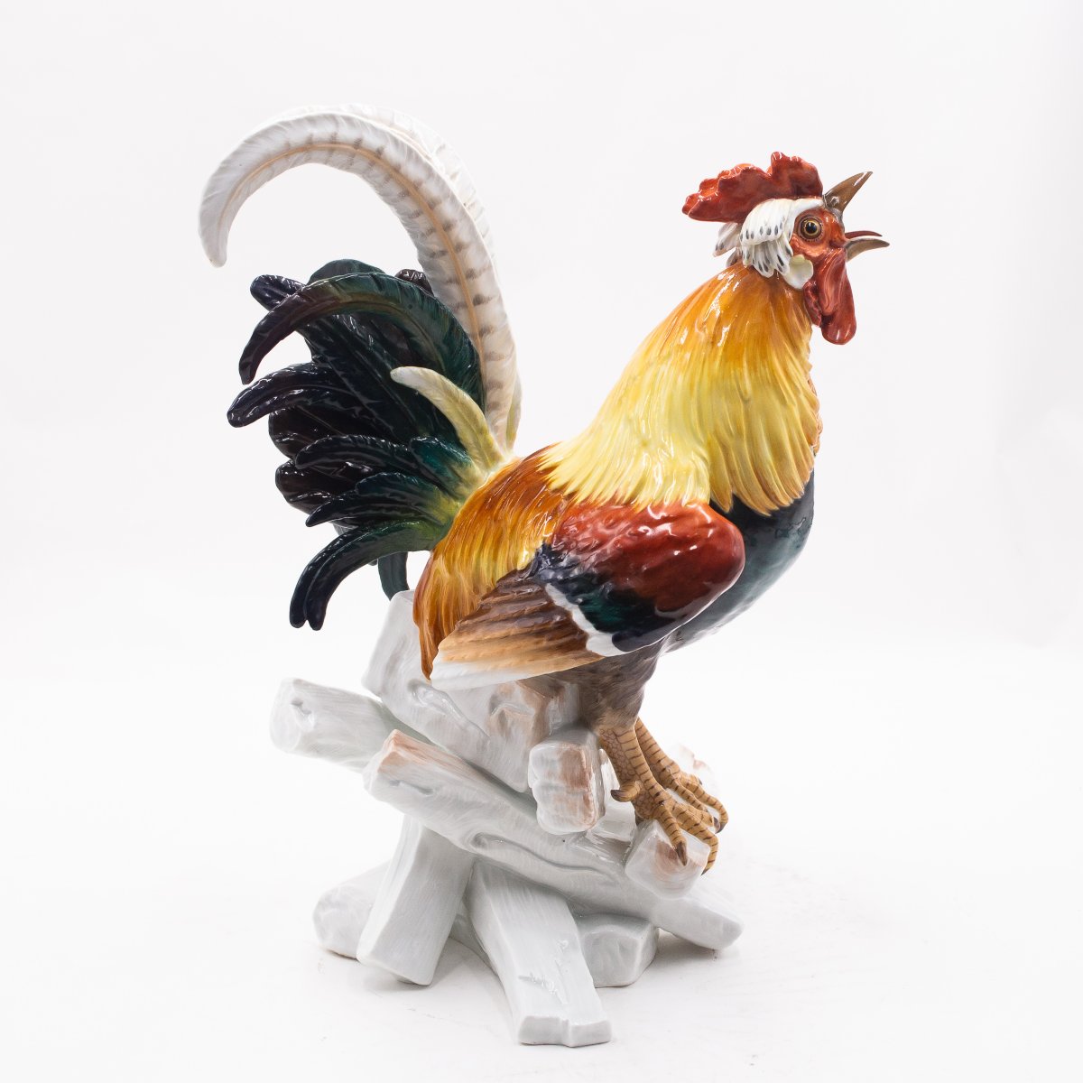 Scultura in ceramica Meissen, "Gallo su catasta di legna", Fine '800 Primi '900-photo-2