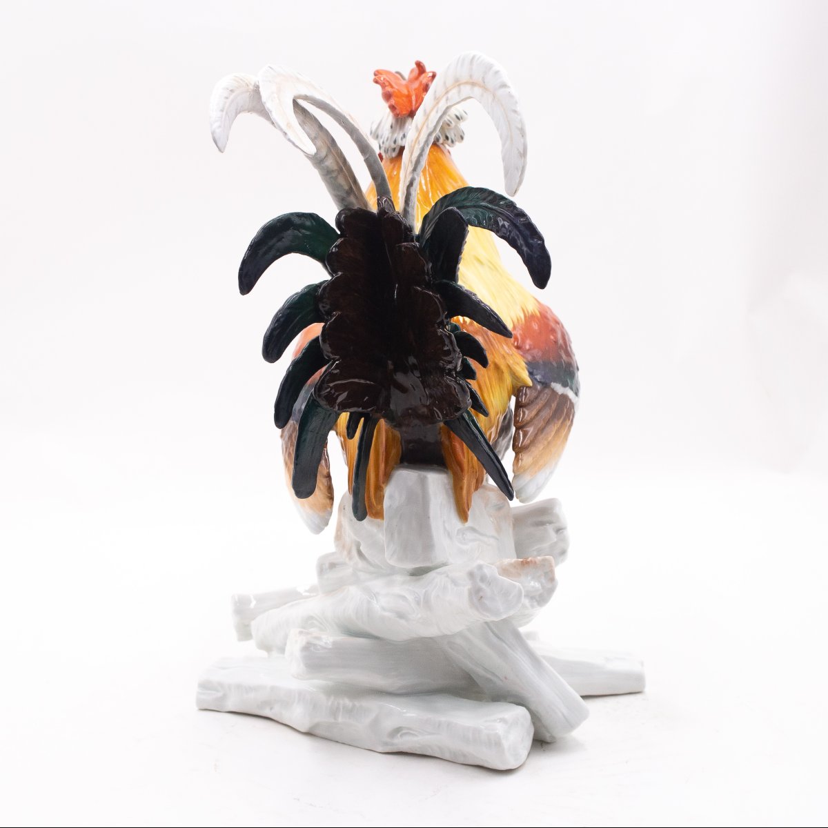 Scultura in ceramica Meissen, "Gallo su catasta di legna", Fine '800 Primi '900-photo-5