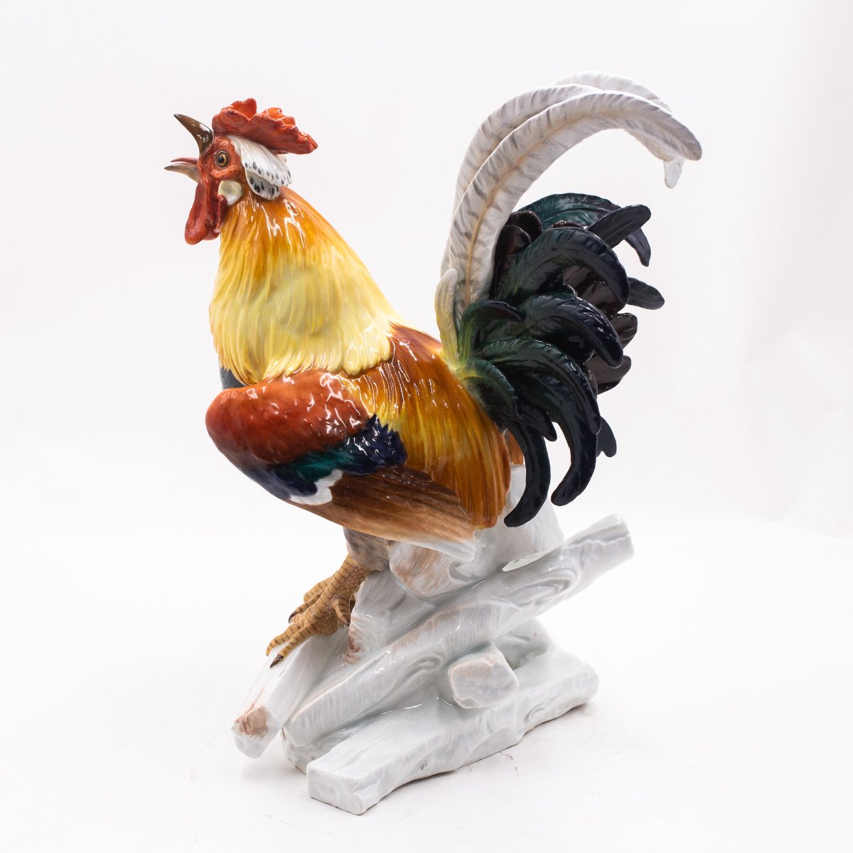 Scultura in ceramica Meissen, "Gallo su catasta di legna", Fine '800 Primi '900-photo-6
