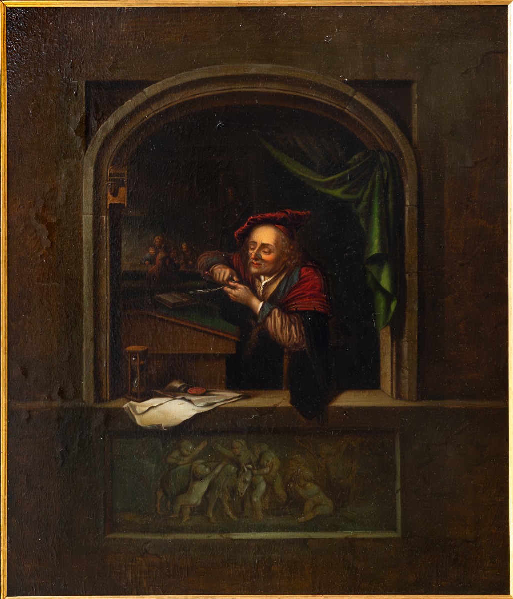 Seguace di Gerard Dou, “Vecchio maestro di scuola”, Epoca fine '800
