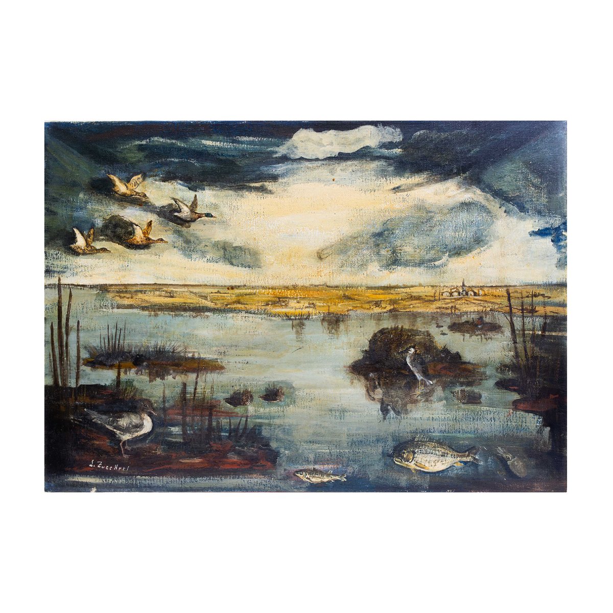 Luigi Zuccheri, “Laguna al crepuscolo”, olio su tela, Epoca '900-photo-2