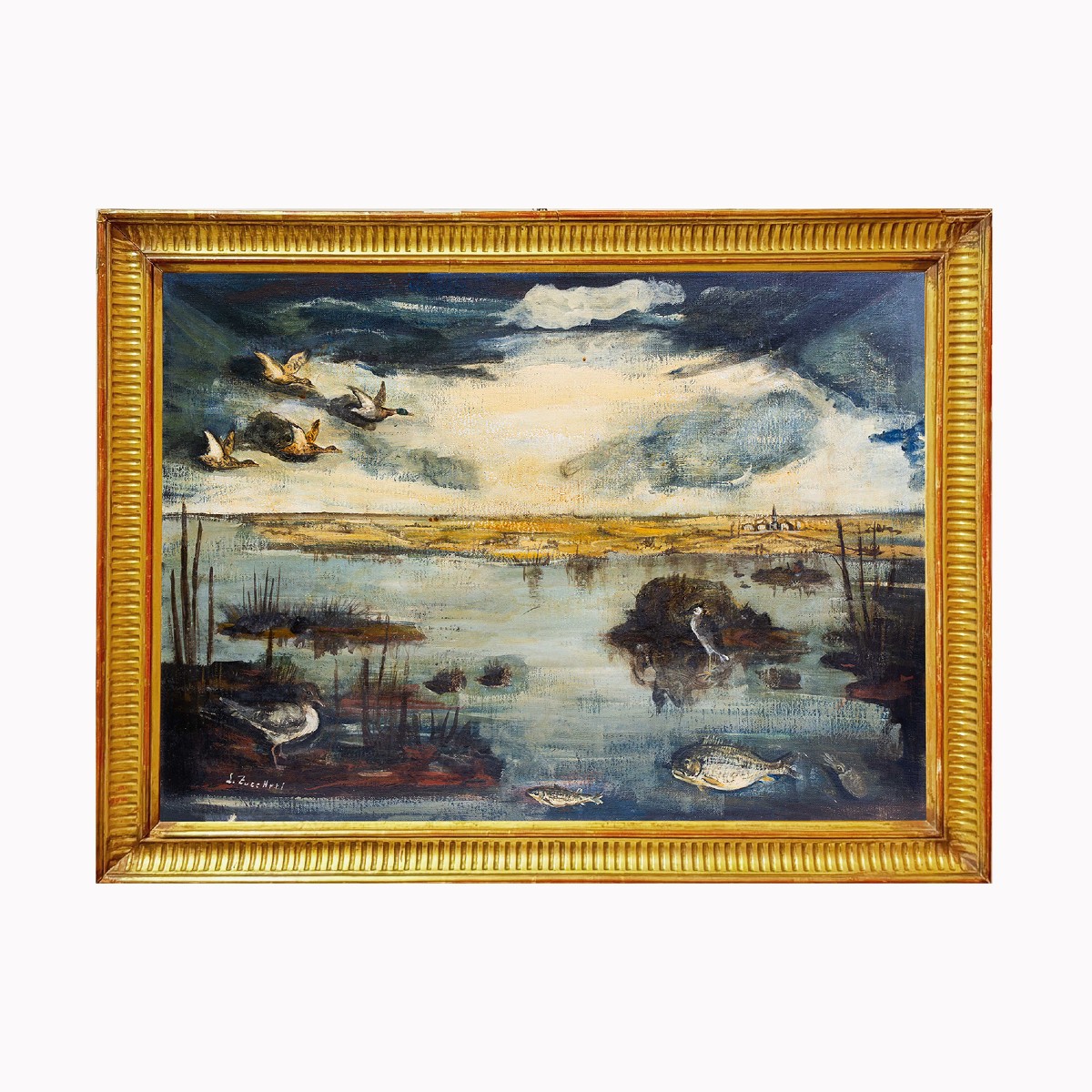 Luigi Zuccheri, “Laguna al crepuscolo”, olio su tela, Epoca '900-photo-2