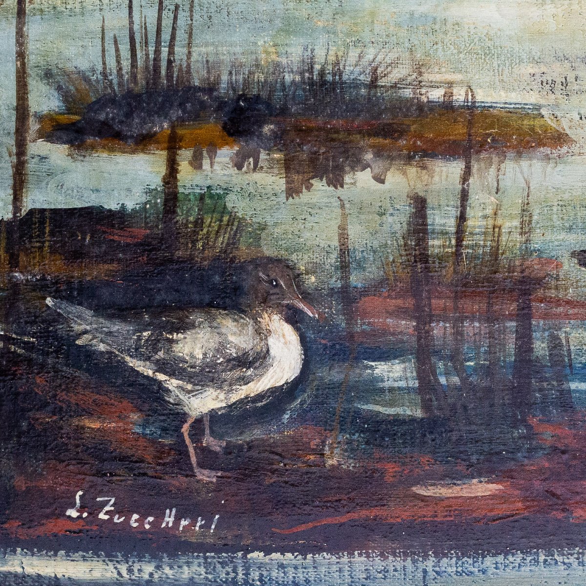 Luigi Zuccheri, “Laguna al crepuscolo”, olio su tela, Epoca '900-photo-2