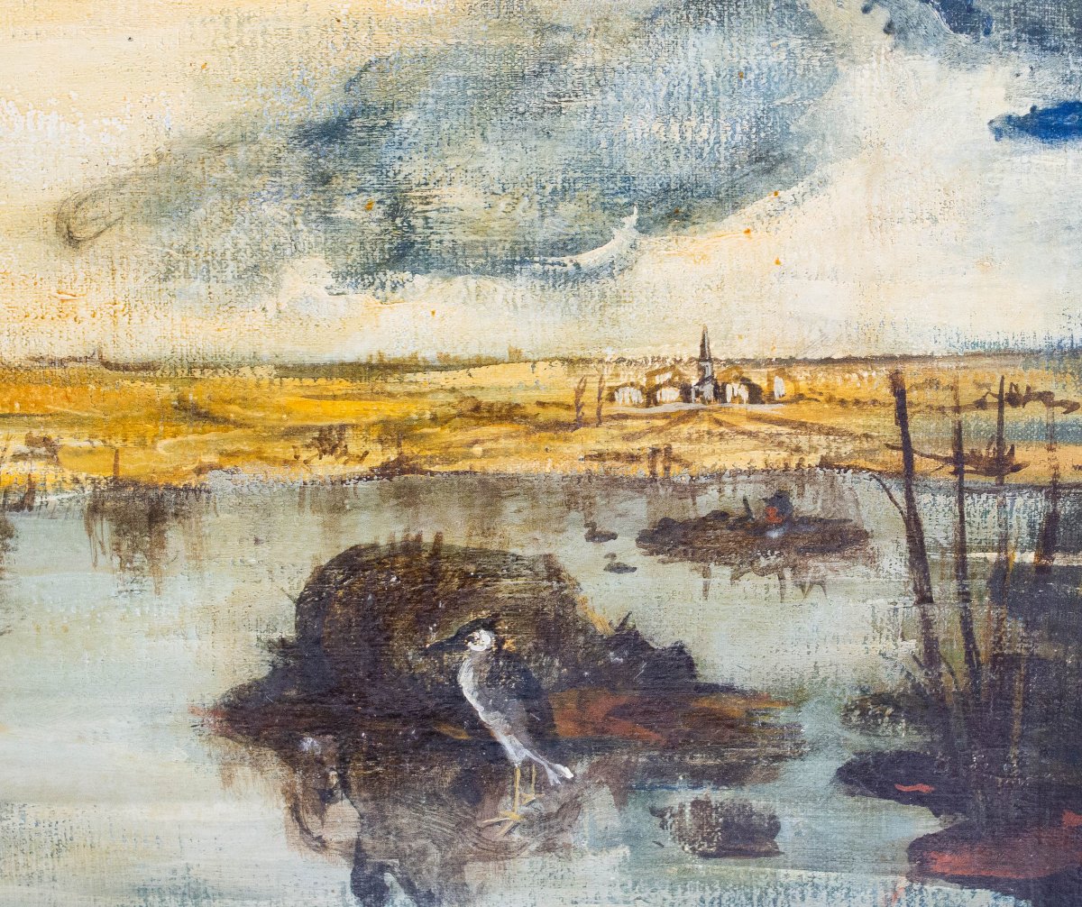 Luigi Zuccheri, “Laguna al crepuscolo”, olio su tela, Epoca '900-photo-7