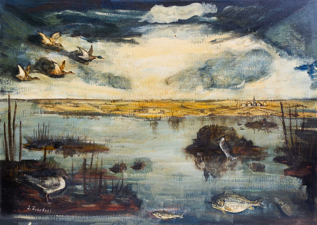 Luigi Zuccheri, “Laguna al crepuscolo”, olio su tela, Epoca '900