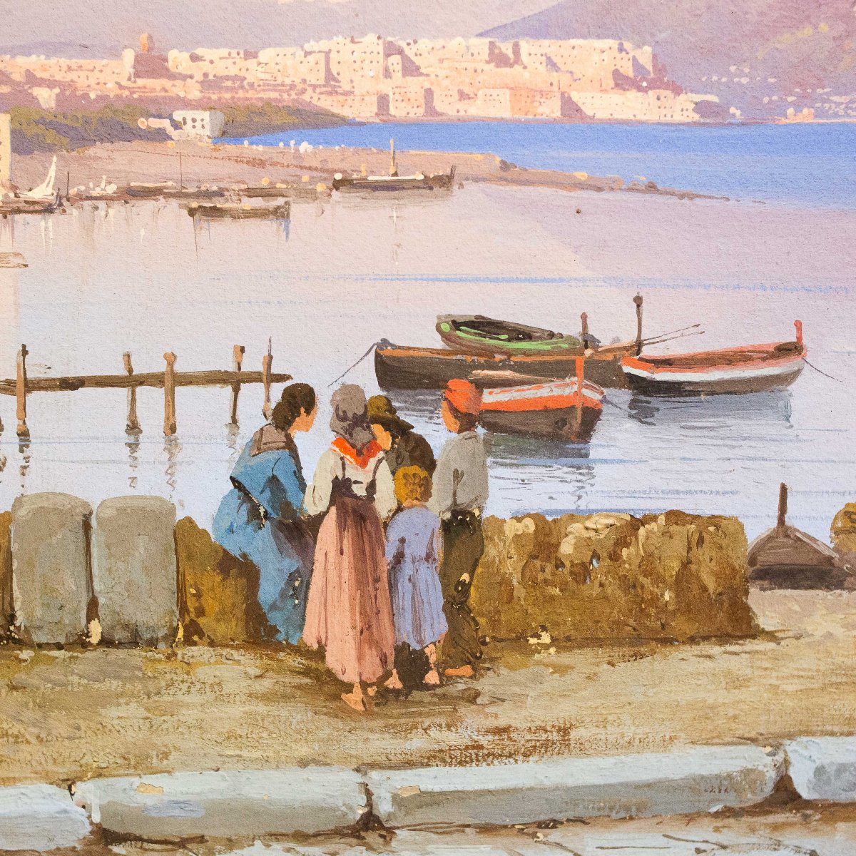 Giacinto Gigante, "Tramonto su Napoli", acquerello su carta, firmato, Epoca '800-photo-1