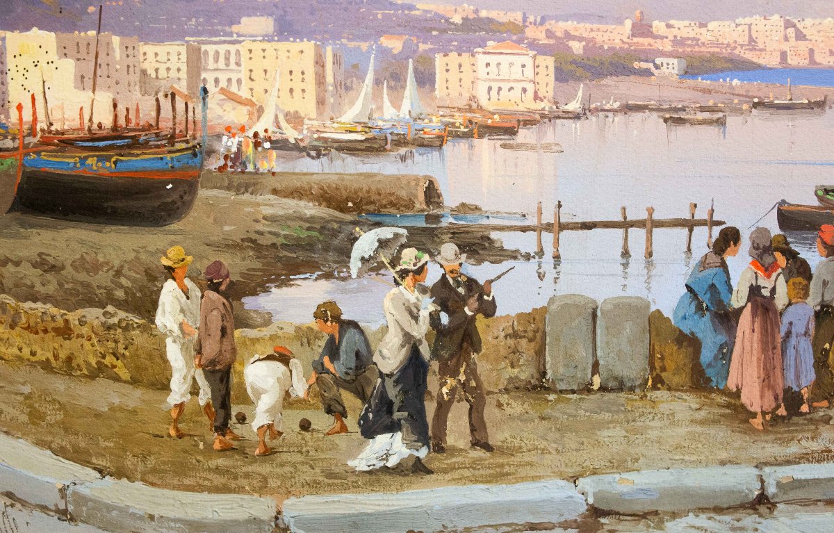 Giacinto Gigante, "Tramonto su Napoli", acquerello su carta, firmato, Epoca '800-photo-2