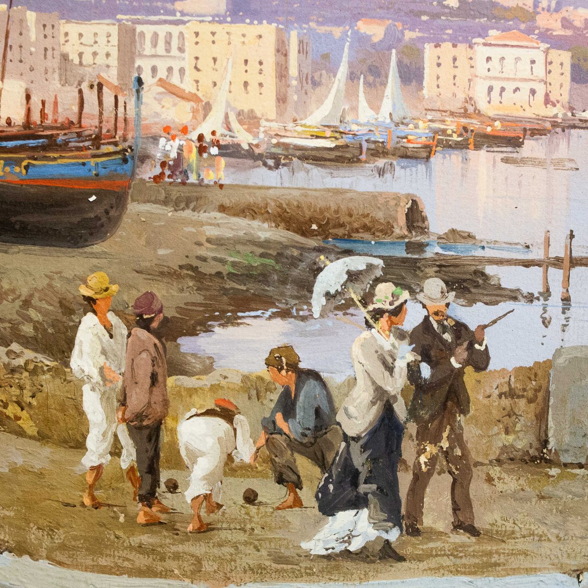 Giacinto Gigante, "Tramonto su Napoli", acquerello su carta, firmato, Epoca '800-photo-3