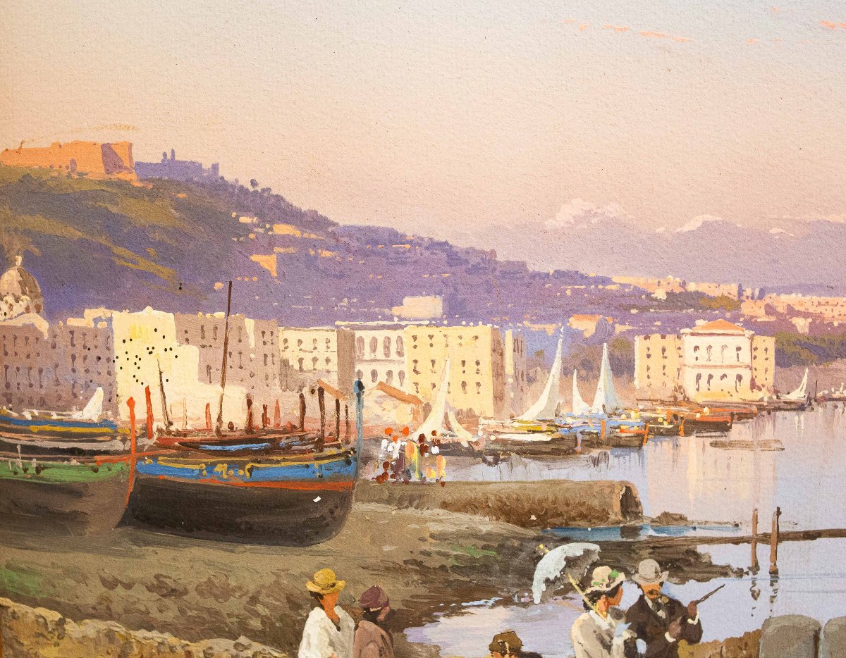 Giacinto Gigante, "Tramonto su Napoli", acquerello su carta, firmato, Epoca '800-photo-4