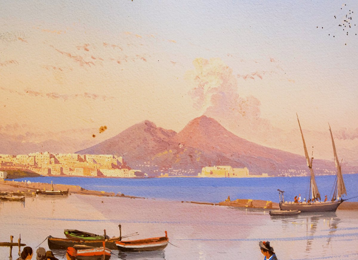 Giacinto Gigante, "Tramonto su Napoli", acquerello su carta, firmato, Epoca '800-photo-5