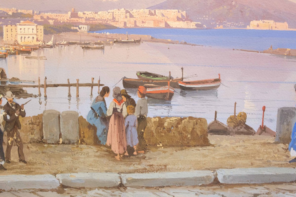 Giacinto Gigante, "Tramonto su Napoli", acquerello su carta, firmato, Epoca '800-photo-7
