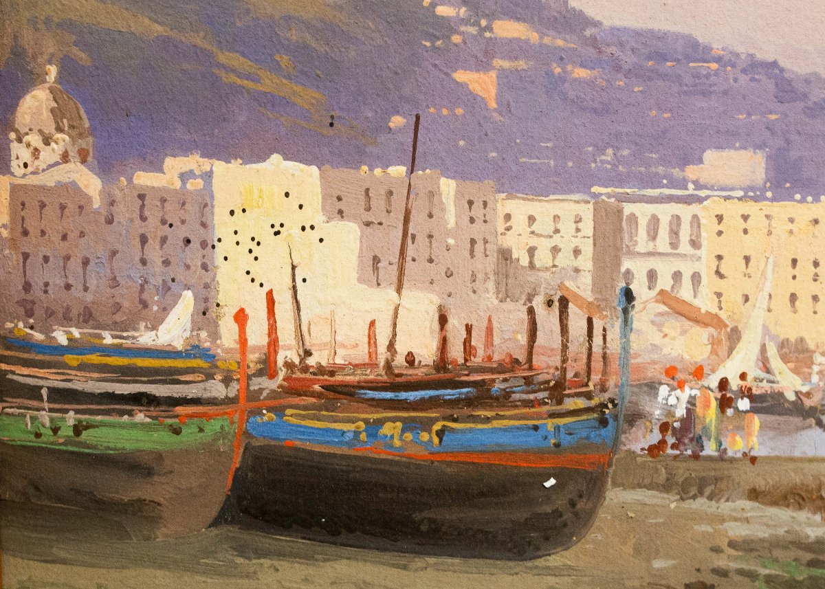Giacinto Gigante, "Tramonto su Napoli", acquerello su carta, firmato, Epoca '800-photo-8