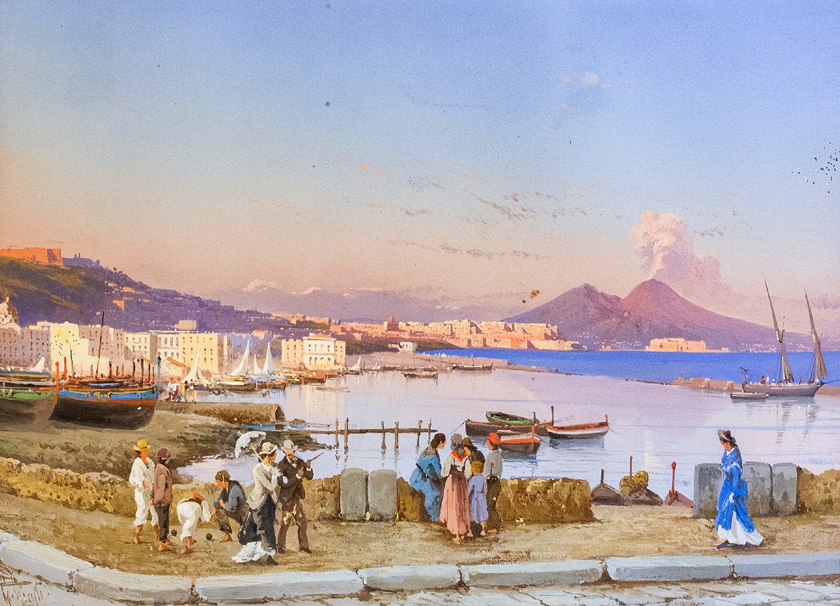 Giacinto Gigante, "Tramonto su Napoli", acquerello su carta, firmato, Epoca '800