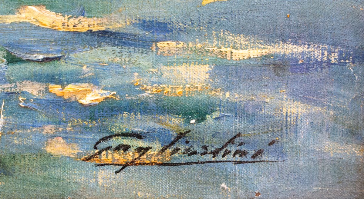 J. G. Gagliardini, “Petit port près de Toulon”, olio su tela, firmato, Epoca Primi '900-photo-3