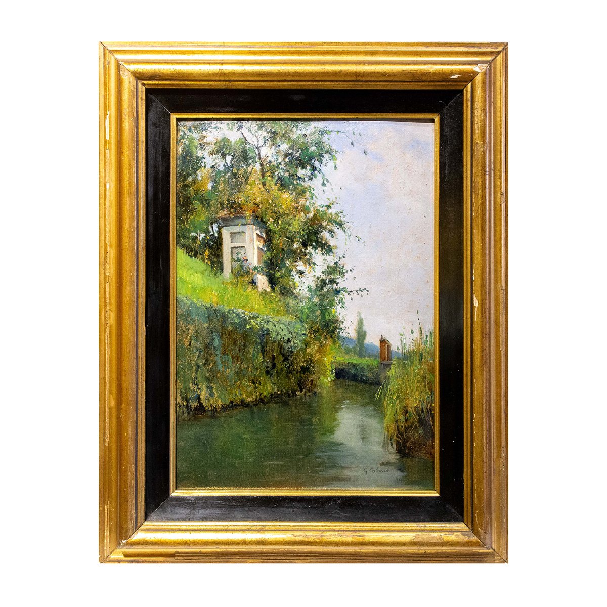 Giovanni Colmo, "Paesaggio fluviale", olio su cartone, firmato, Epoca '900-photo-2