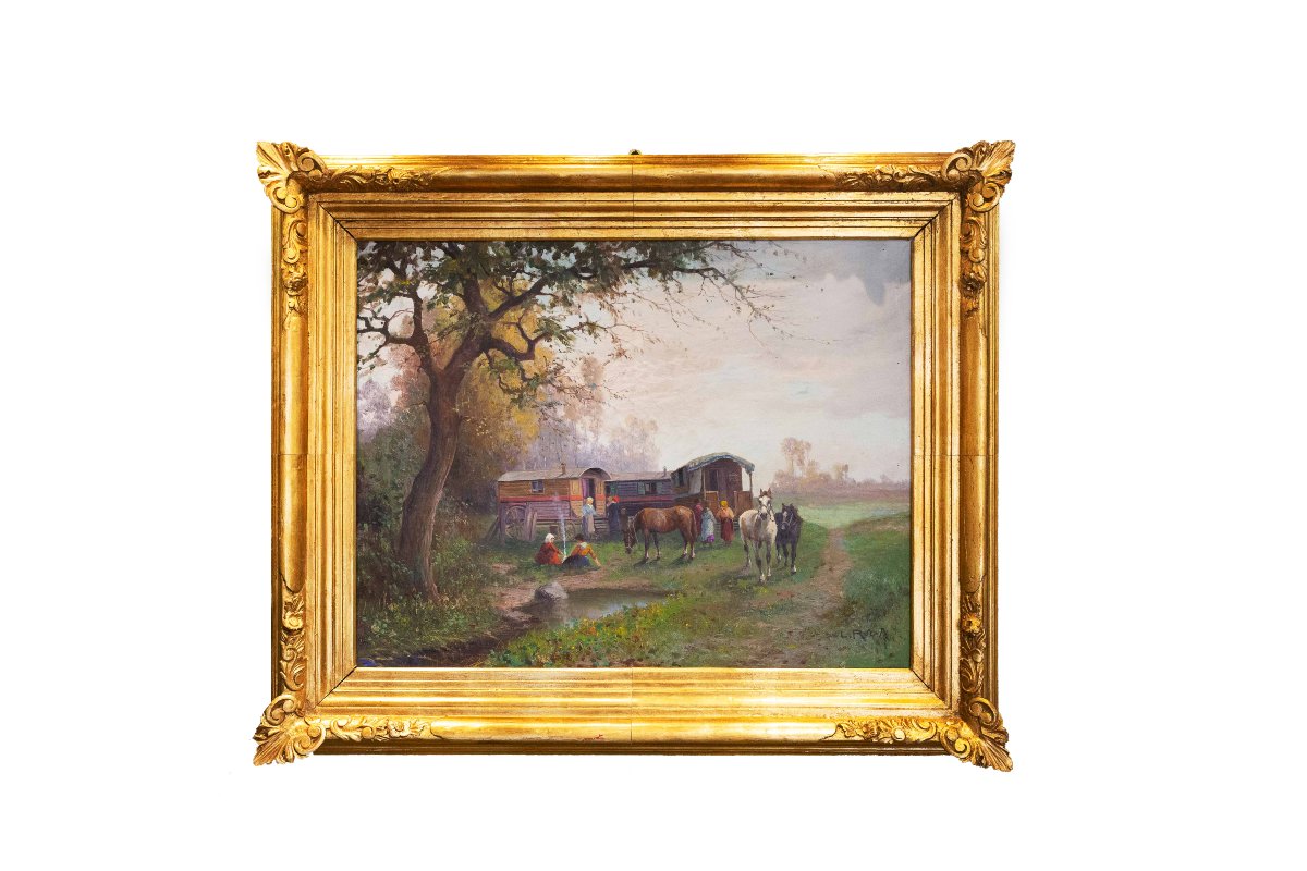 "Leonardo Roda, "Nomadi", olio su tela, firmato, Primi del '900"-photo-3