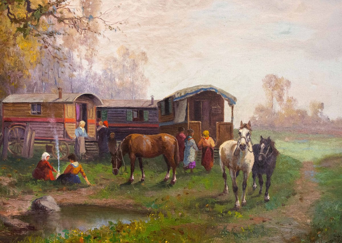 "Leonardo Roda, "Nomadi", olio su tela, firmato, Primi del '900"-photo-4