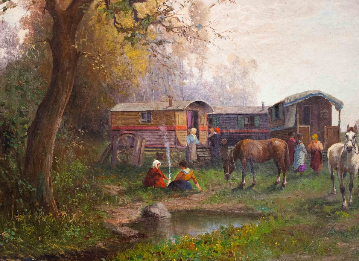 "Leonardo Roda, "Nomadi", olio su tela, firmato, Primi del '900"-photo-5