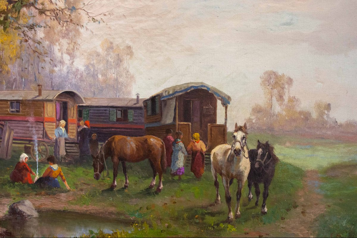 "Leonardo Roda, "Nomadi", olio su tela, firmato, Primi del '900"-photo-6