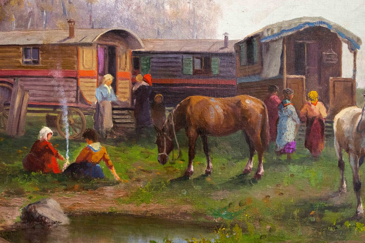 "Leonardo Roda, "Nomadi", olio su tela, firmato, Primi del '900"-photo-8