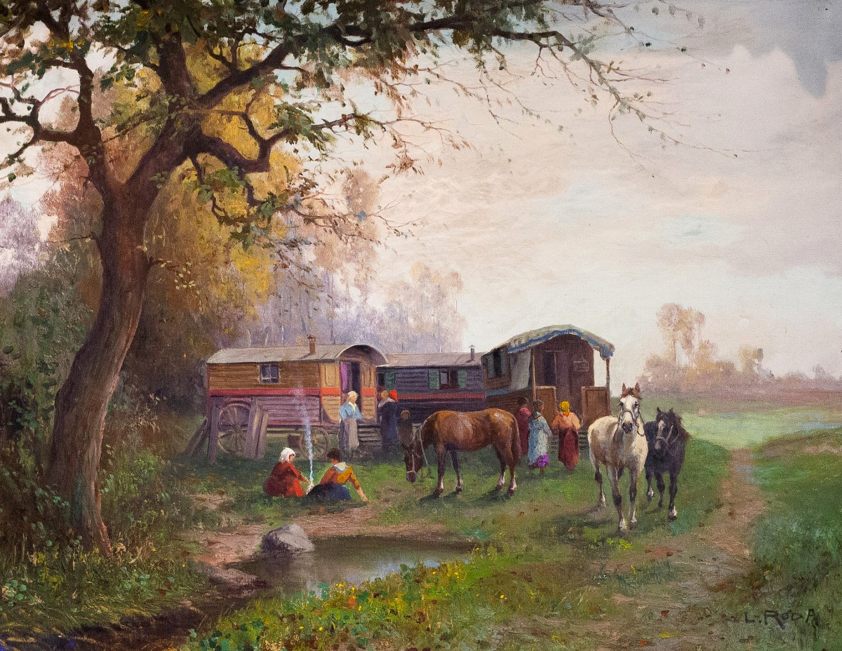 "Leonardo Roda, "Nomadi", olio su tela, firmato, Primi del '900"