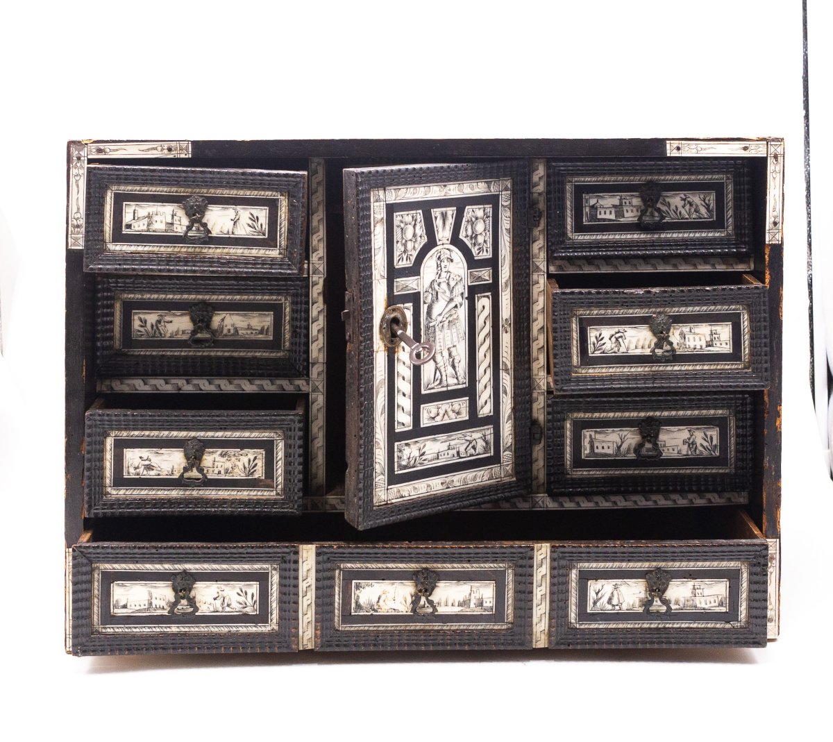 Monetiere in legno ebanizzato e intarsio in osso, Epoca '800-photo-6